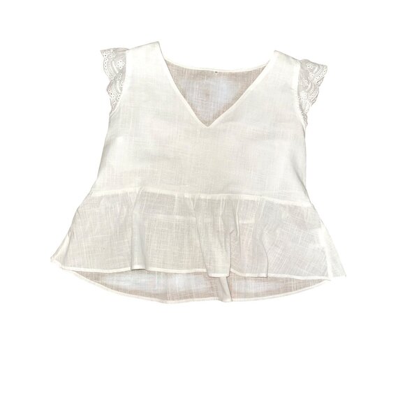 CCC White Cotton V Neck Peplum Crop Top Lace Cap Sleeves Size Medium Boho Chic - Picture 5 of 8